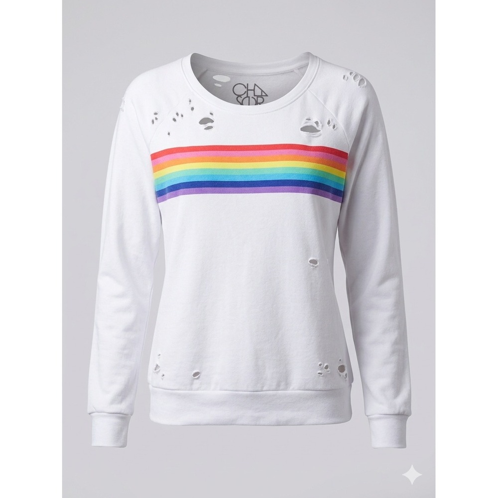 Chaser Sweatshirt XS‎ White Rainbow Stripe Distressed Pullover Retro Boho